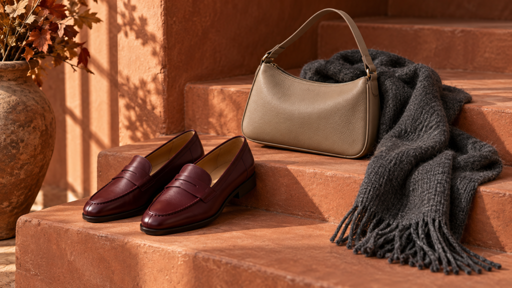 Loafer in Bordeaux mit einer taupefarbenen Tasche und einem dunklen Schal.